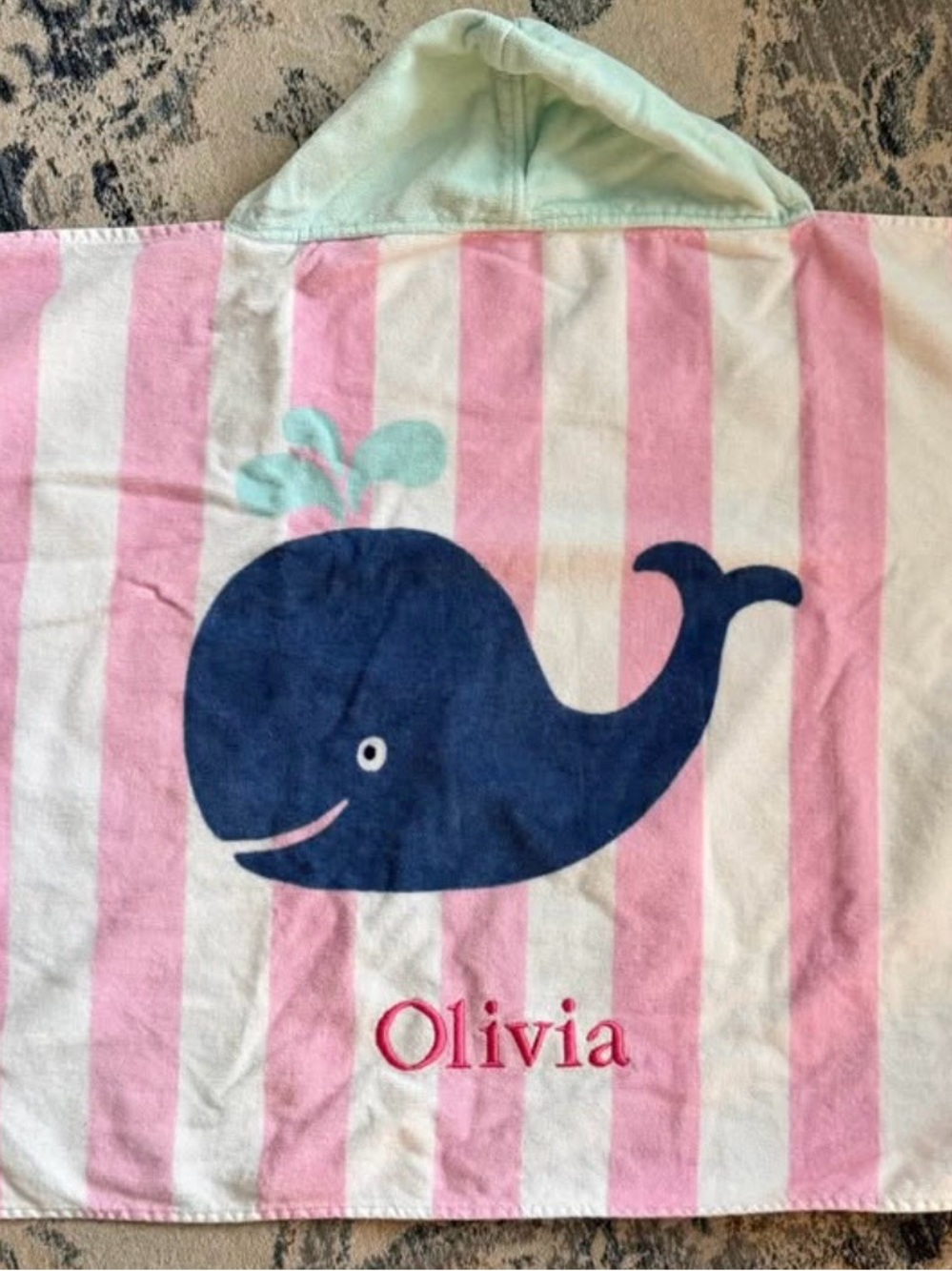 Pottery Barn Kids Pink & White Striped Hooded Towel with Navy Whale